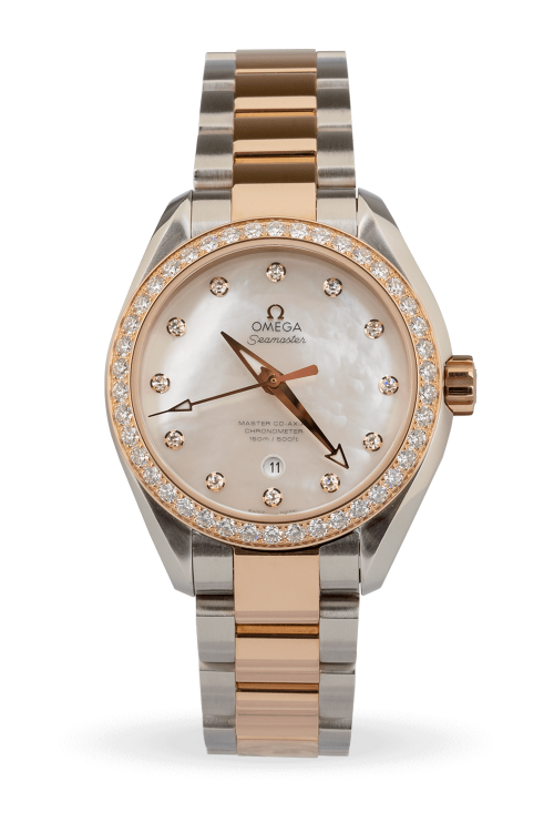 Omega-Seamaster-Aqua-Terra-34mm-stainless-steel---fixed,-Diam-Bezel-White-MOP-w-Diamond-Indexes,-Date-at-6-Dial-0-Stainless-Steel-18k-Rose-Gold-Bracelet-231.25.34.20.55